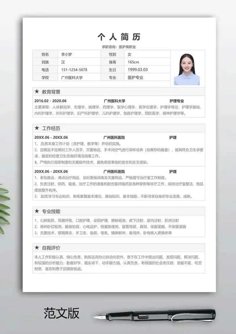空白简历表格和护士范文简历表格模板,电子版,word格式制作,简单易