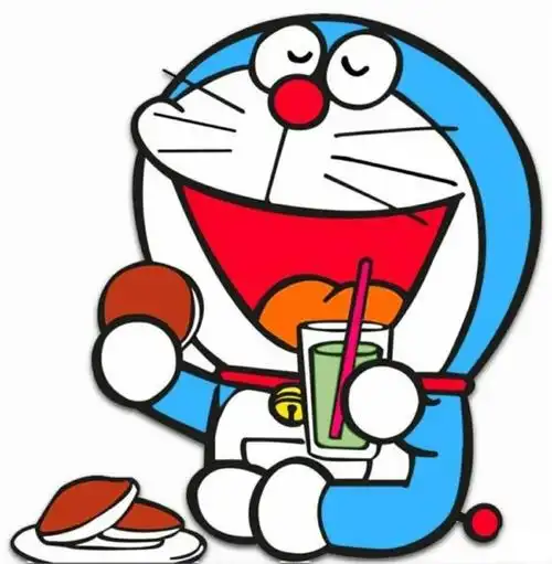 哆啦a梦拿着饮料,张大嘴巴吃铜锣烧的样子