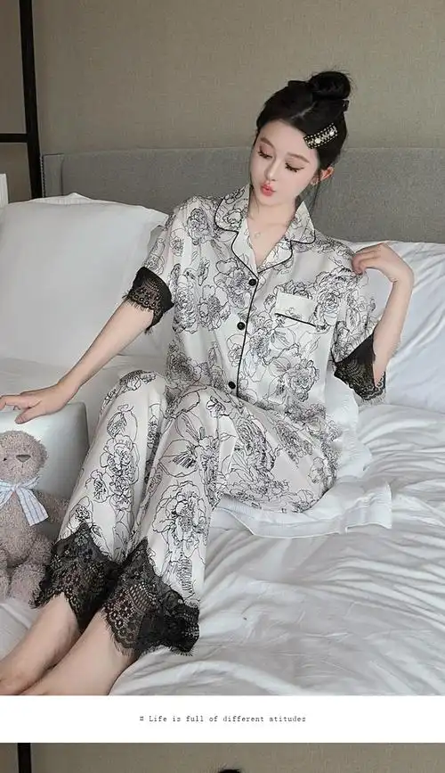 福盛(实拍)夏季丝绸冰丝薄款仿真丝套装女睡衣短袖长裤睡衣家居服