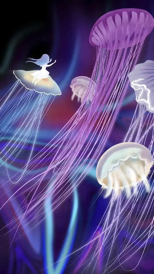 梦幻女孩独傲水母群插画,高清图片,手机壁纸