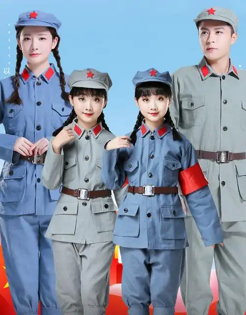 儿童红军演出服八路军军服抗战新四军套装棉麻小红军衣服红军服女