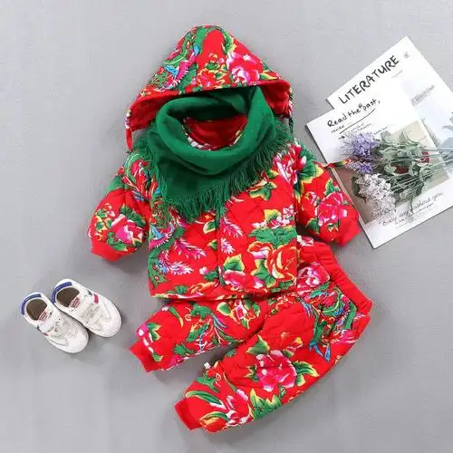 宝宝东北大花棉袄棉裤套装婴幼儿红色喜庆年服夹棉加厚棉衣童装zy