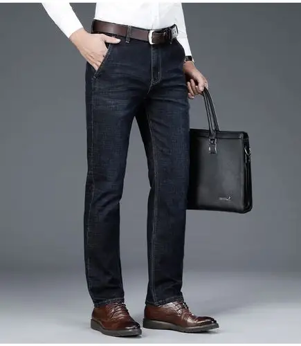 牛仔裤高腰宽松秋冬厚爸爸装中老年40岁50岁黑色弹力中年男士牛仔裤