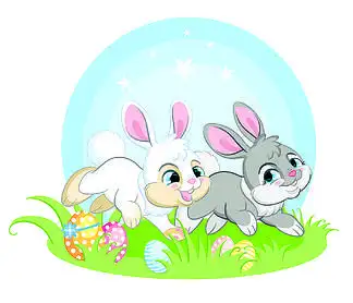 两只可爱的兔子在春天的草地上跑着复活节彩蛋.