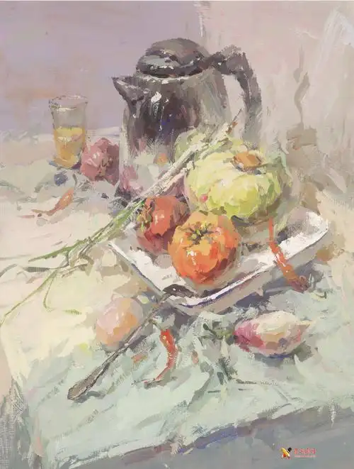 优秀水粉静物作品欣赏(不锈钢电热水壶,透明玻璃杯,番茄,包菜,不锈钢