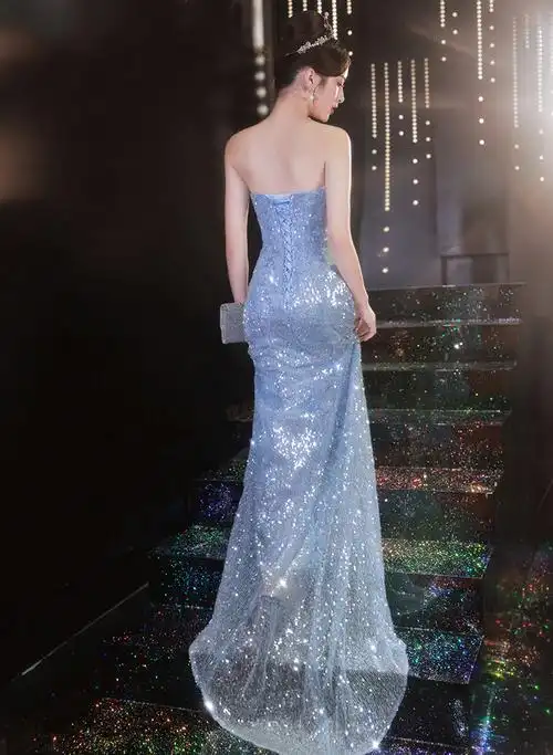 蓝色主持人礼服星空模特走秀人鱼裙敬酒服超仙成年礼轻奢年会亮片