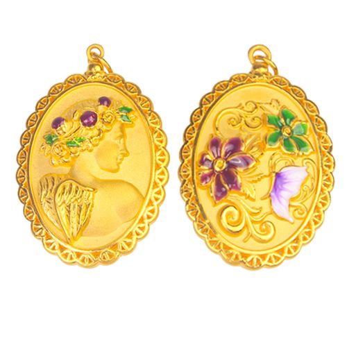 3d硬黄金首饰足金999珐琅女王女神牌伊丽莎白吊坠北欧风挂坠