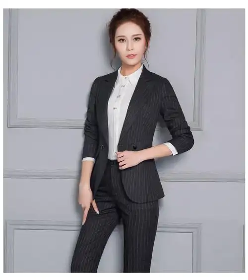 职业装女装套装秋长袖气质ol衬衫女工作服套裙正装条纹西装套.