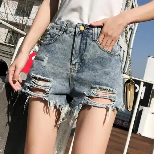 【特卖】烟灰色牛仔短裤女2019新款高腰显瘦粗腿外穿港风破洞宽松a字i