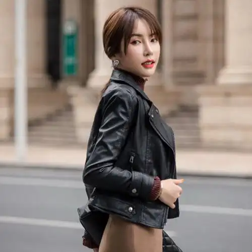 2021新款修身皮衣外套女时尚春秋黑色百搭机车上衣女pu皮夹克女潮