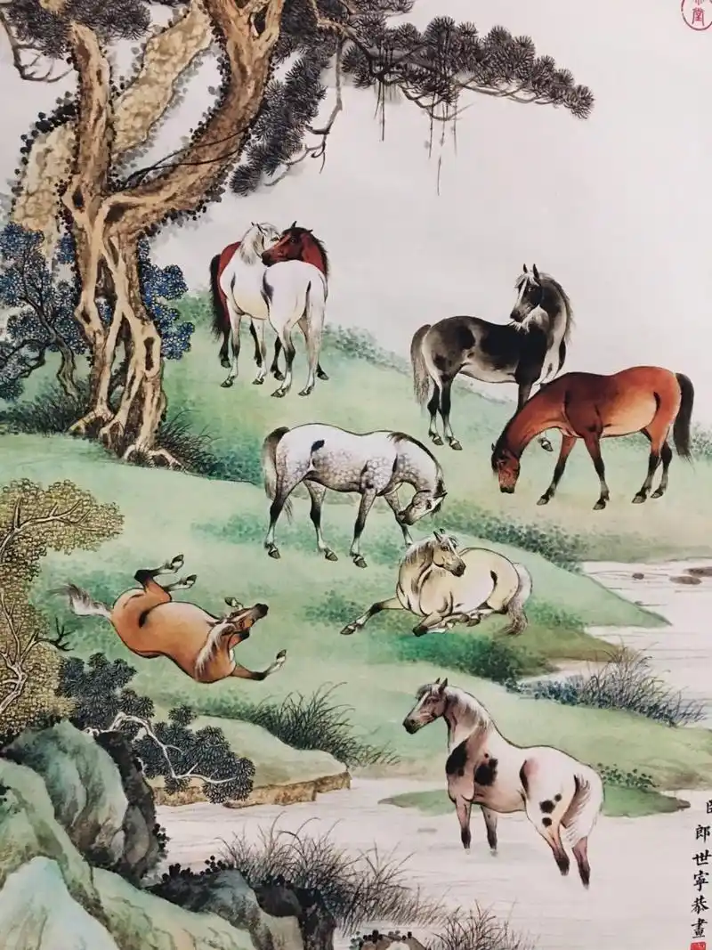 四尺日本回流中堂  郎世宁八骏图 裱好尺寸  高*宽170cm*68cm左右 画