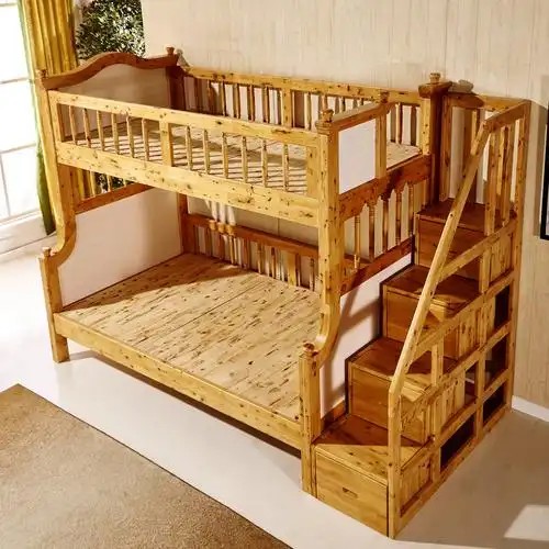 简约实木儿童床香柏木家具梯步子母床高低床上下双层床楼梯床022