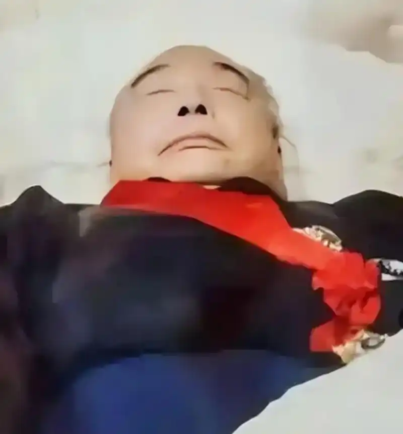 蒋经国"入殓"时的遗容,镜头中的他身穿黑色马褂,神态安详的躺在棺椁当