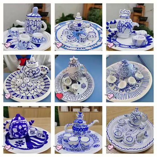 青花茶壶超轻粘土茶具儿童画展青花系列