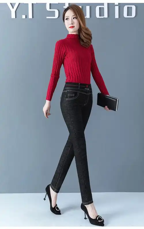 汉妮雅 高腰加绒牛仔裤女士2020年秋冬季新款加厚小脚裤子外穿长裤潮