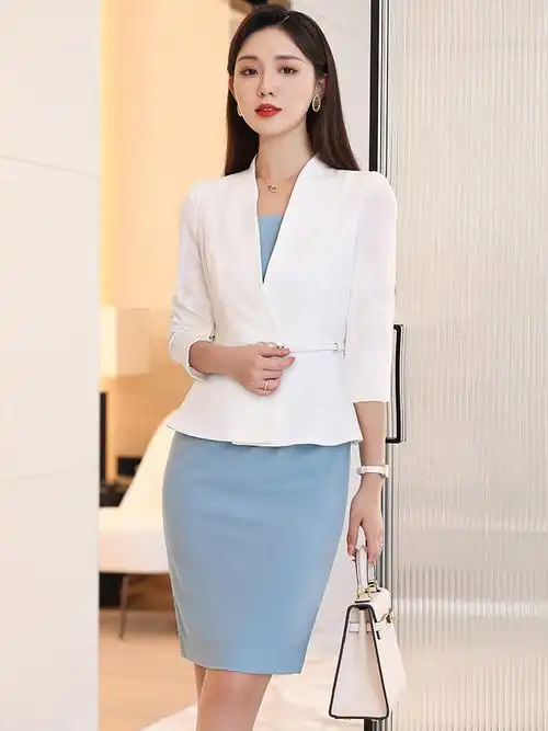 名媛美容院珠宝店套裙西装女士白色夏季2021职业套装职业女裙套装