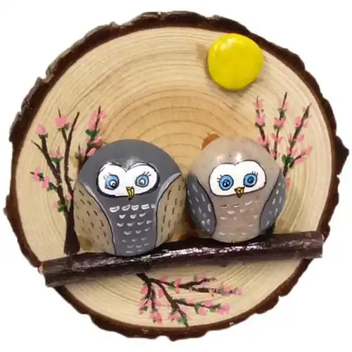 猫头鹰木片石头拼画手工创意春夏秋冬手绘装饰品生日手绘真人漫画