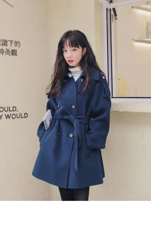 毛呢外套女短款小个子2021秋冬新款韩版宽松加厚气质呢子大衣深蓝色加