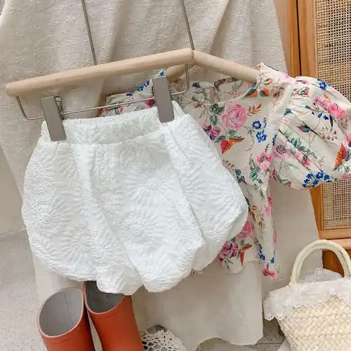 韩国童装纯色提花大pp裤灯笼裤短裤花苞裤2022夏季新款女童裤子