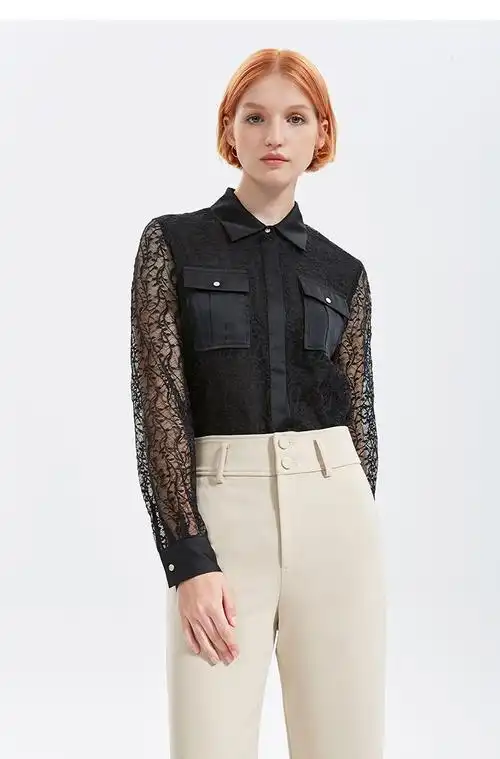 five plus新款女夏装蕾丝衬衫女长袖宽松衬衣薄翻领棉质洋气 黑色090