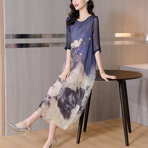 温莱蔓莎 适合胖人穿的大码真丝连衣裙加肥加大夏高档装中年妇女宽松