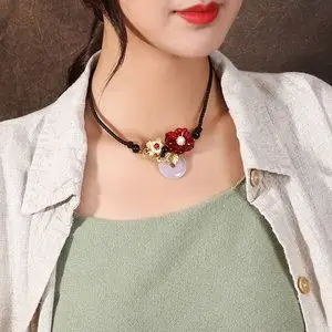 民族风项链女短款毛衣链玉石平安扣吊坠珍珠装饰锁骨链脖子颈链