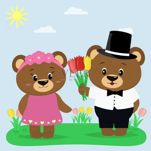 两个棕色的熊穿着夏季林间空地上的衣服.一个男孩把郁金香给女孩.