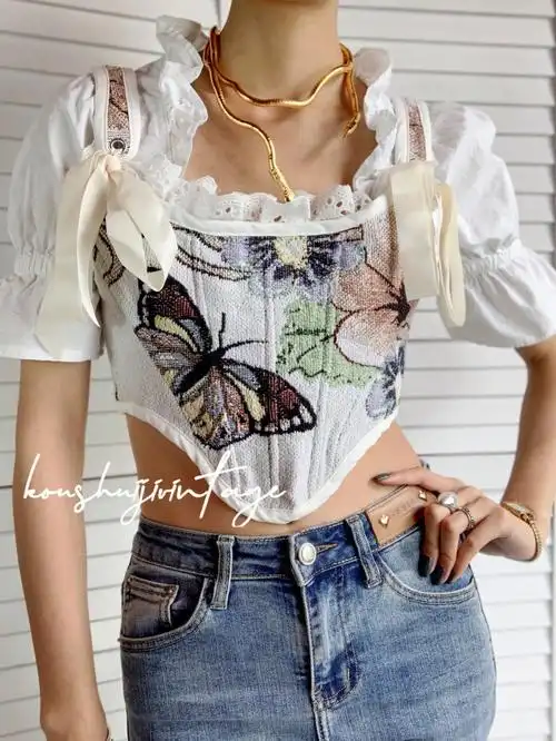 古着remake穿搭vintage提花鱼骨胸衣