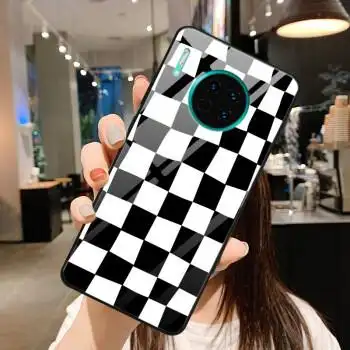 手机壳动漫卡通棋盘格杨幂同款黑白格子棋牌格小众钢化玻璃壳高清彩绘