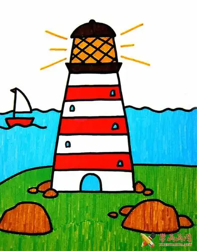 发光的灯塔水彩画作品__儿童水彩画_儿童画_学画画网_国内最大的画画