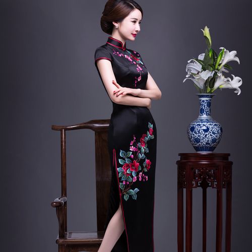 日常旗袍长款优雅春款款宴会晚礼服重磅真丝旗袍手工绣花,柏阑旗舰店