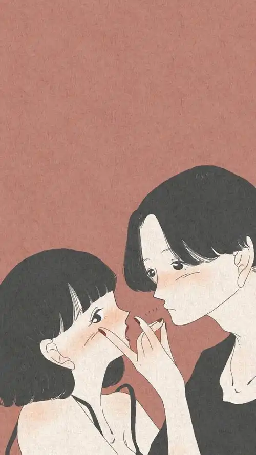 甜蜜小情侣手绘插画手机壁纸