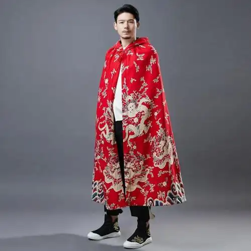 皇帝斗篷秋冬加绒斗篷披肩汉服披风古装复古中国风男棉麻风衣红色均码