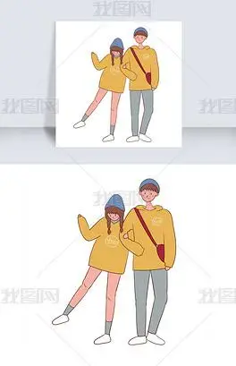 原创手绘卡通可爱矢量情人节穿情侣装的情侣