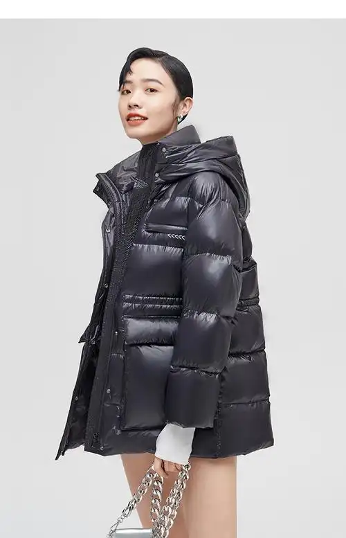 艾莱依短款羽绒服女2021年新款白鸭绒反季亮面时尚外套冬玻璃蓝15580