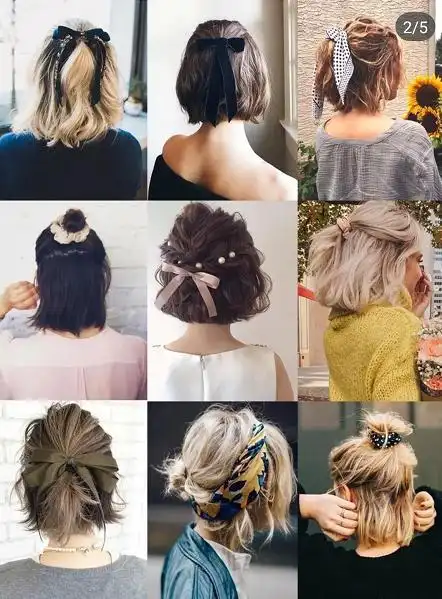 蓬松的短发可用发带简单的束一下,或是编个简单的编发,用蝴蝶结装饰