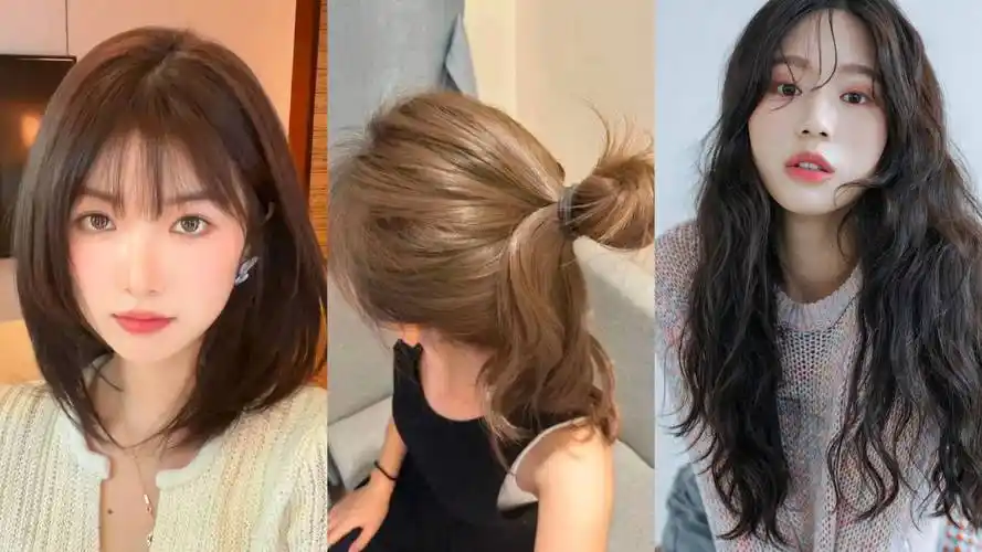 发型,分别是不长不短锁骨发型,利落时尚的马尾扎发搭配显肤白的发色