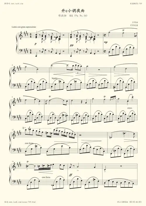 《升c小调夜曲,钢琴谱》肖邦-chopin|弹琴吧|钢琴谱|吉他谱|钢琴曲