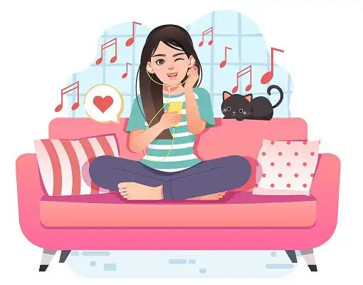 室内家居卡通人物戴耳机听音乐插画png素材音乐元素