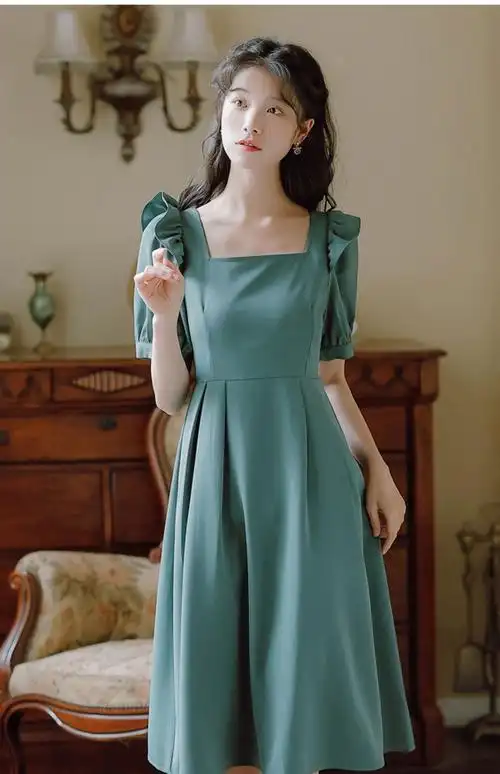 r~bing绿色连衣裙女夏季女装2022年新款高级设计小众短袖裙子法式