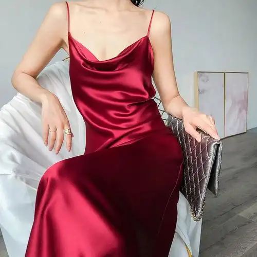 高级醋酸绸缎礼服连衣裙超美复古气质荡领红色连衣裙