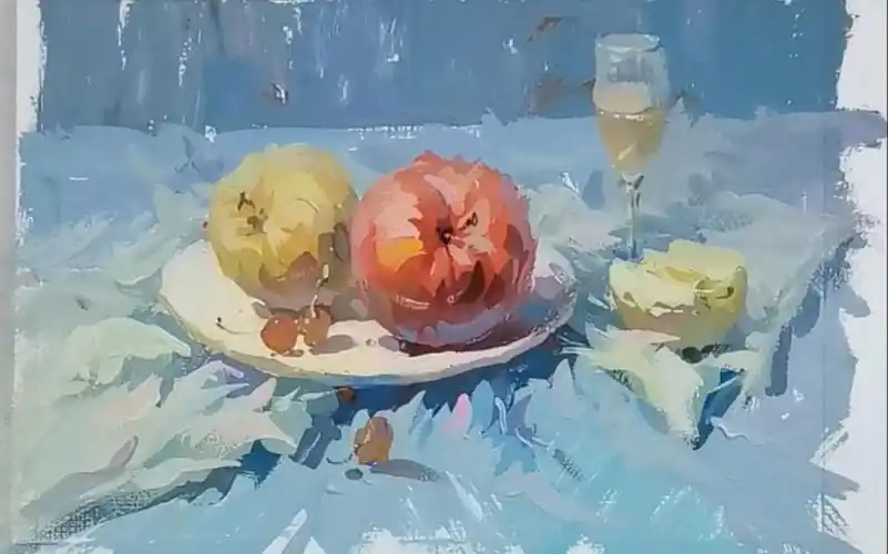 贺老师小清新色彩静物课程_蓝色调水果组合示范讲解