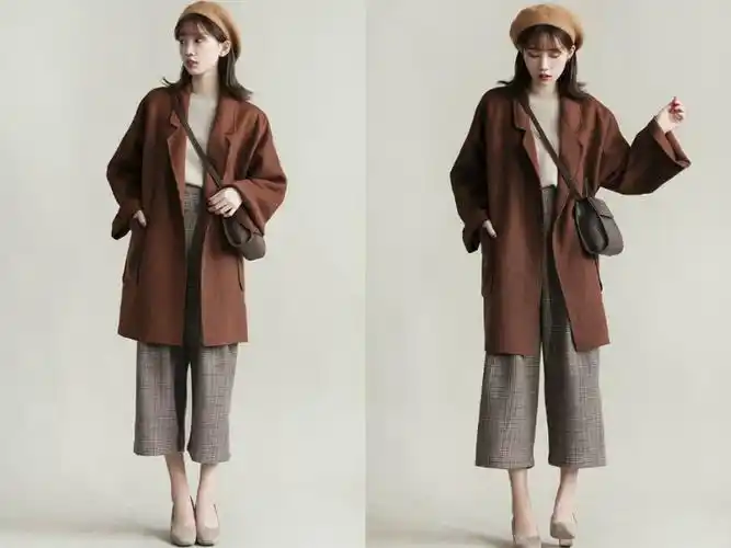 冬天百搭又好看的咖啡色大衣搭配阔腿裤穿韩范十足