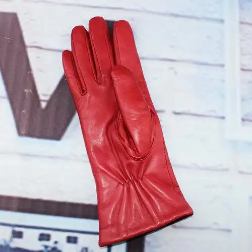 红色长款加绒羊皮手套 礼服手套女气质 女冬皮手套新款户外女手套