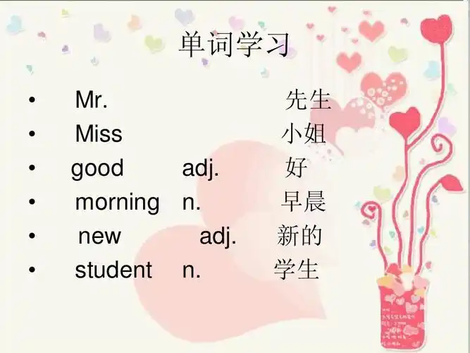 morning n. new adj. student n. 先生 小姐 好 早晨 新的 学生