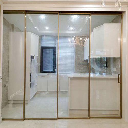 钢化玻璃定做门窗_金色移门定制细框窄边中空门后现代简约玻璃门厨房