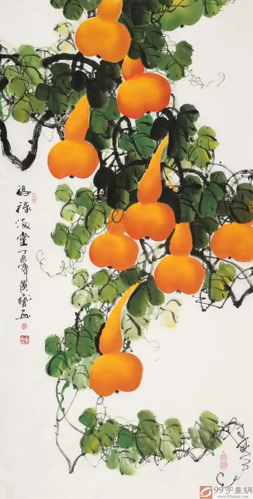 【已售】黄艺四尺招财辟邪葫芦画《福禄满堂》