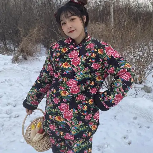 东北花棉袄女大花袄大棉袄女冬加厚民族风碎花棉服时尚棉衣棉裤套装女