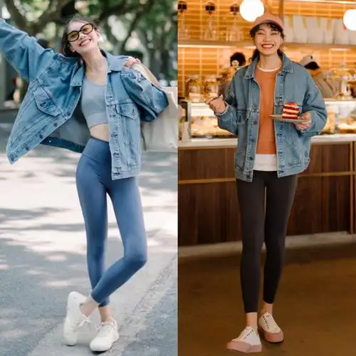 牛仔外套自带休闲街头style,减龄又帅气,和瑜伽裤搭配,可削弱瑜伽裤的
