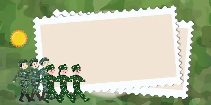 卡通创意开学季文具原创插画海报绿色简约开学季军训迷彩边框太阳展板